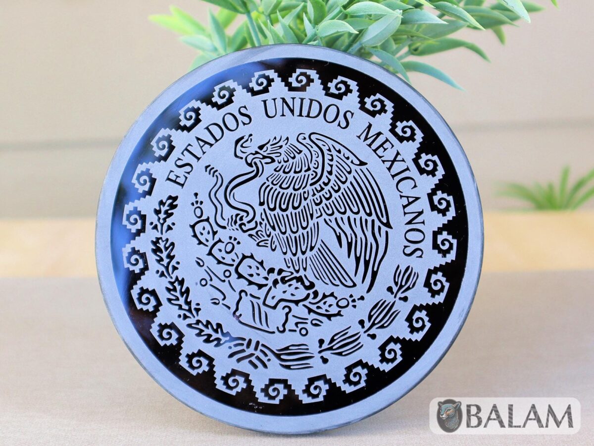 Aztec Black Obsidian Mirror, Mexica symbols, Engraved Ixchel, Hunab Ku, Sun stone or Aztec Calendar, Huitzil, 4.75 inches-Read Description - Image 2