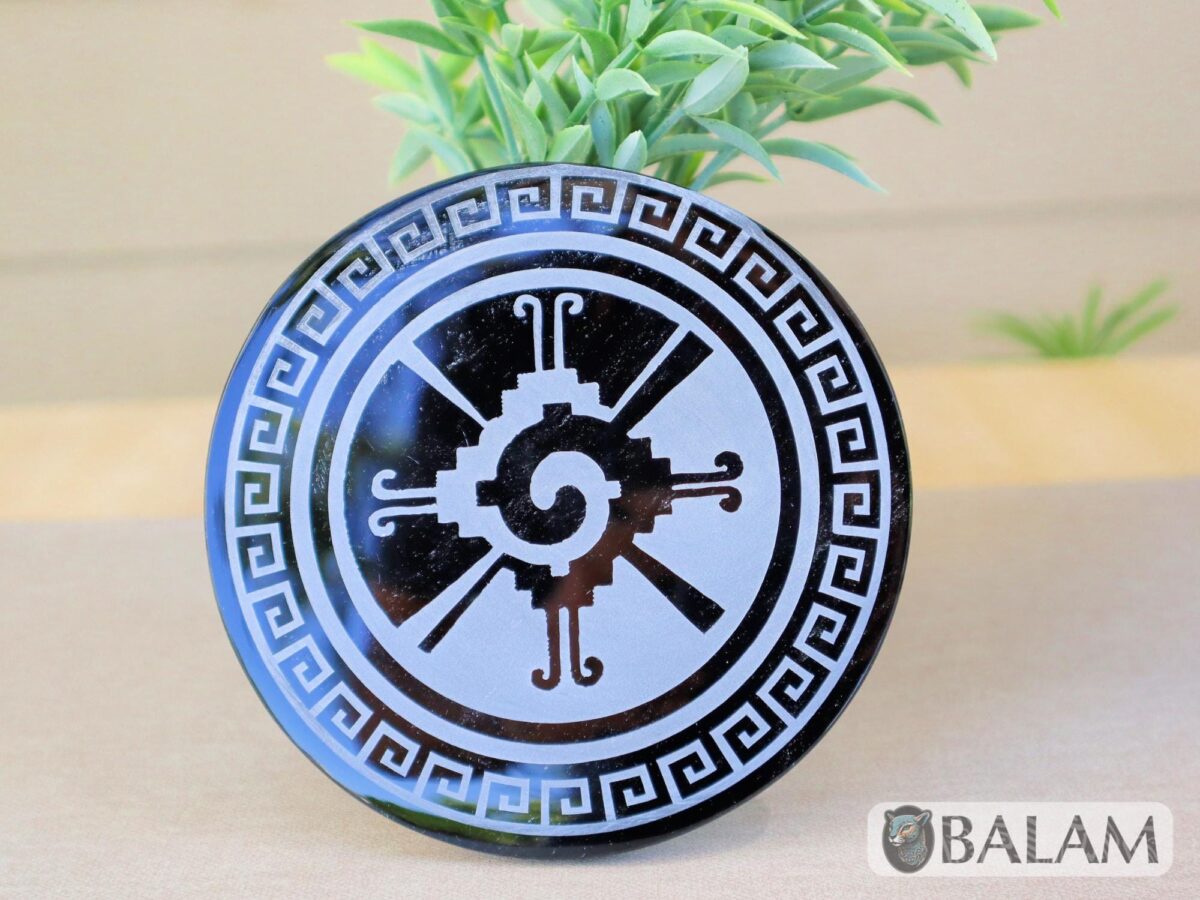 Aztec Black Obsidian Mirror, Mexica symbols, Engraved Ixchel, Hunab Ku, Sun stone or Aztec Calendar, Huitzil, 4.75 inches-Read Description - Image 4