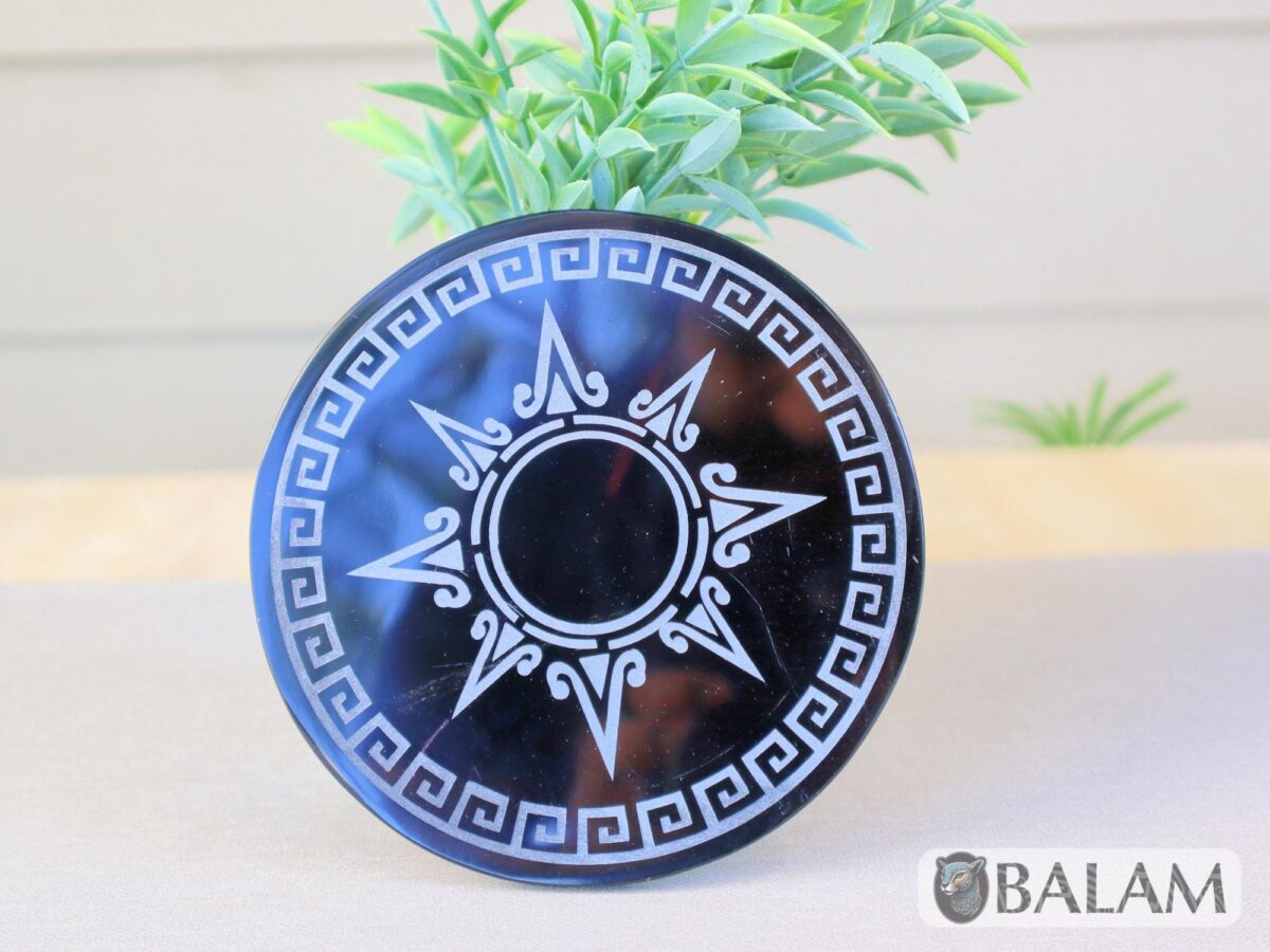 Aztec Black Obsidian Mirror, Mexica symbols, Engraved Ixchel, Hunab Ku, Sun stone or Aztec Calendar, Huitzil, 4.75 inches-Read Description - Image 5