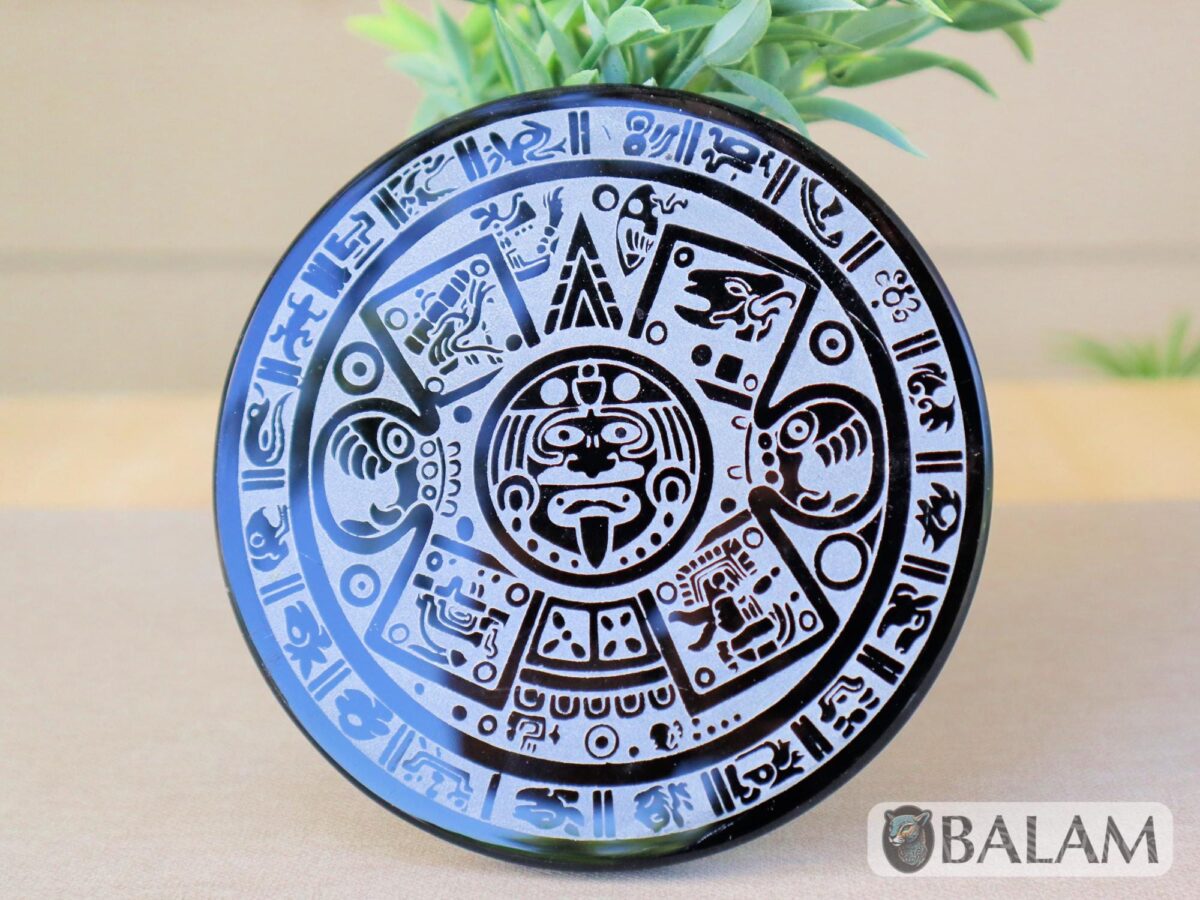 Aztec Black Obsidian Mirror, Mexica symbols, Engraved Ixchel, Hunab Ku, Sun stone or Aztec Calendar, Huitzil, 4.75 inches-Read Description - Image 7