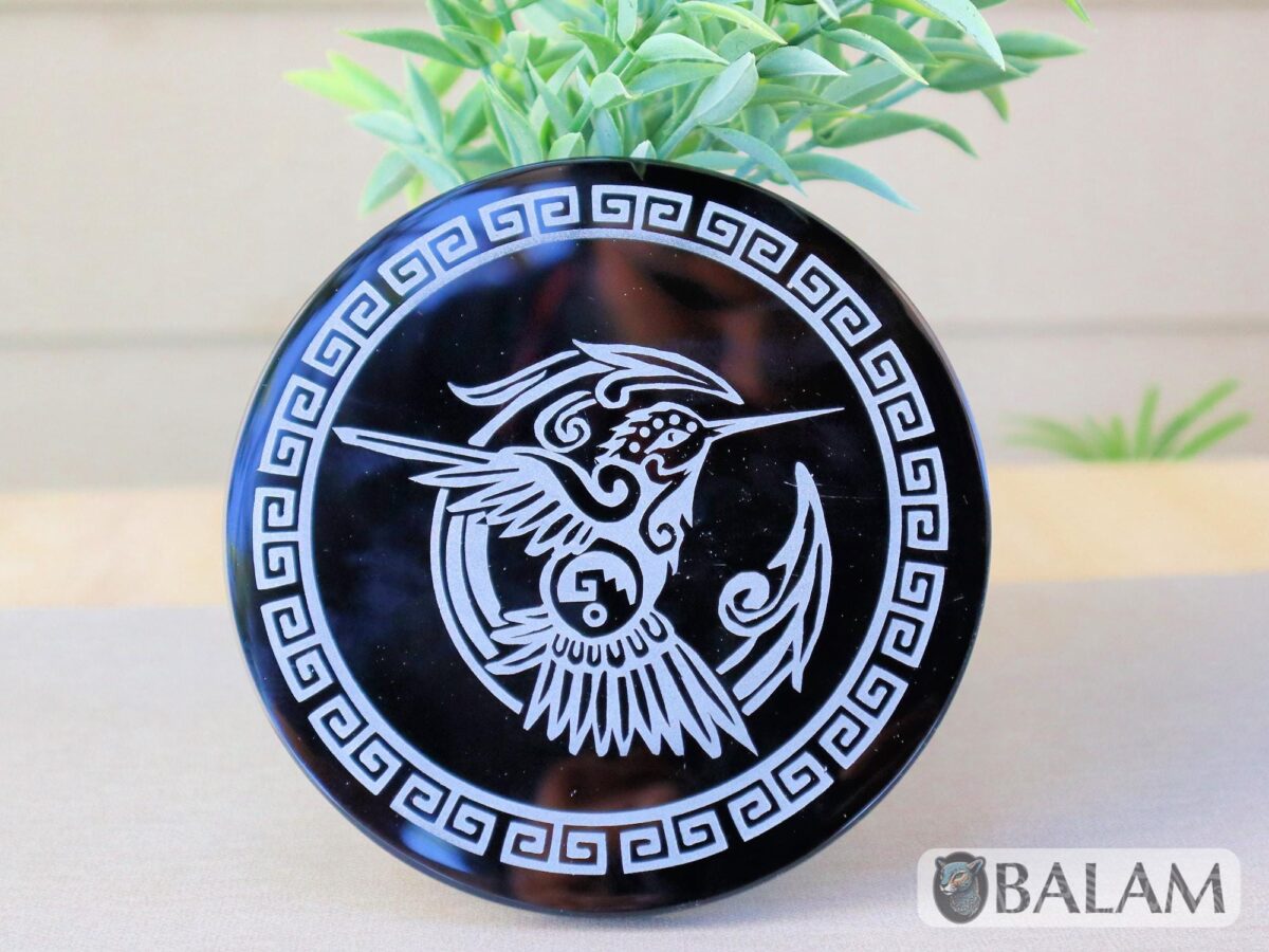 Aztec Black Obsidian Mirror, Mexica symbols, Engraved Ixchel, Hunab Ku, Sun stone or Aztec Calendar, Huitzil, 4.75 inches-Read Description - Image 3