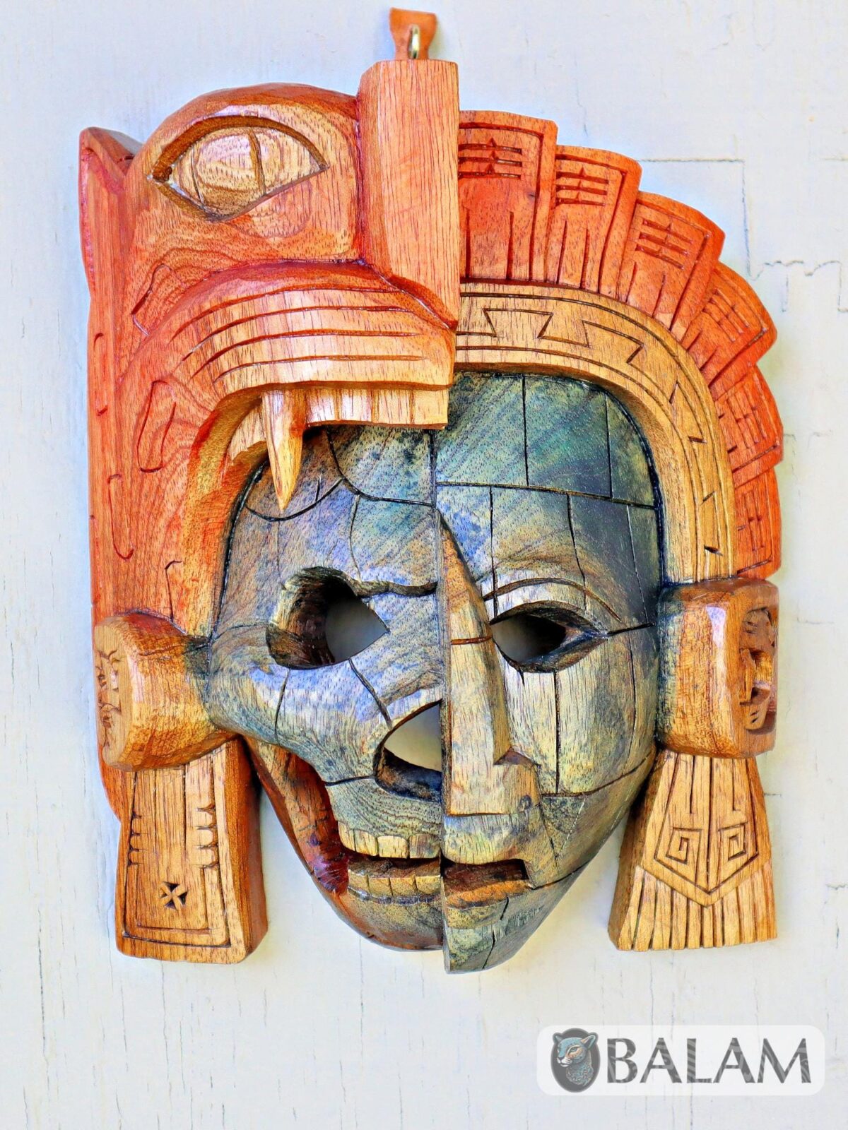 Mayan Warrior Mask, Cedar wooden duality mask, Duality mask, jaguar mask, Jaguar duality warrior mask, Mayan duality mask. - Image 2