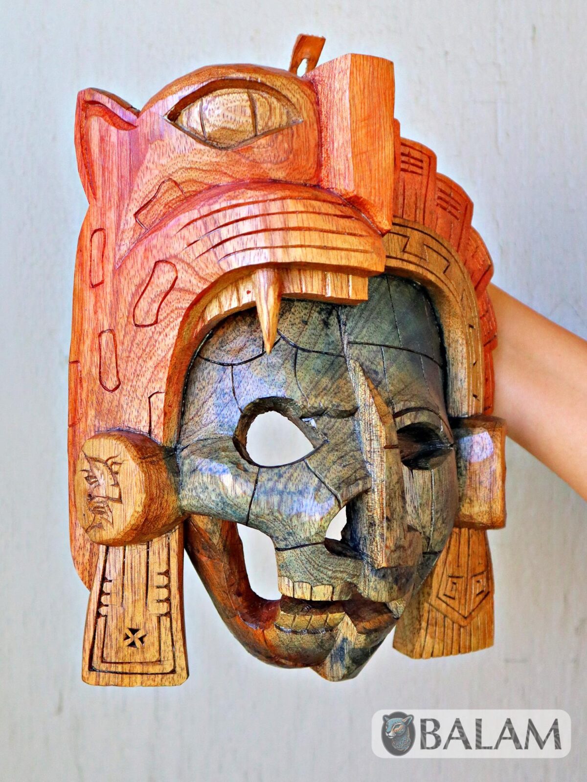Mayan Warrior Mask, Cedar wooden duality mask, Duality mask, jaguar mask, Jaguar duality warrior mask, Mayan duality mask. - Image 9