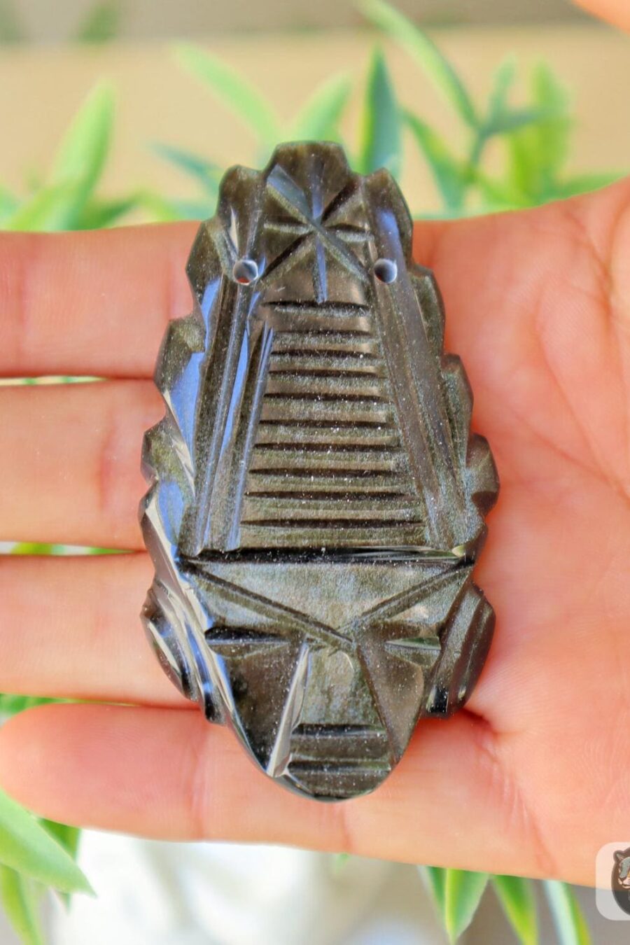 Golden sheen Black Obsidian, Teotihuacan pendant, Ceremonial Obsidian Pendants, Faces of deities. Read description