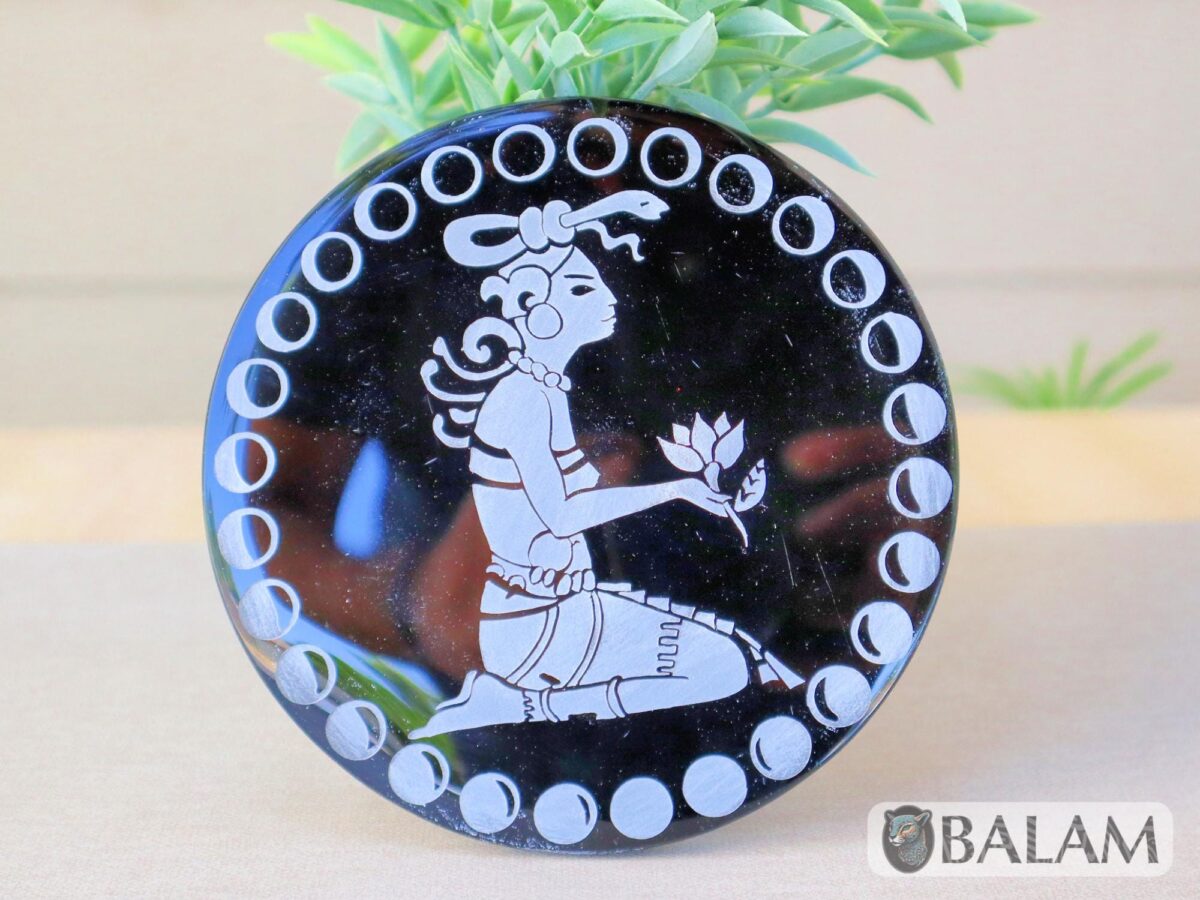 Aztec Black Obsidian Mirror, Mexica symbols, Engraved Ixchel, Hunab Ku, Sun stone or Aztec Calendar, Huitzil, 4.75 inches-Read Description - Image 6