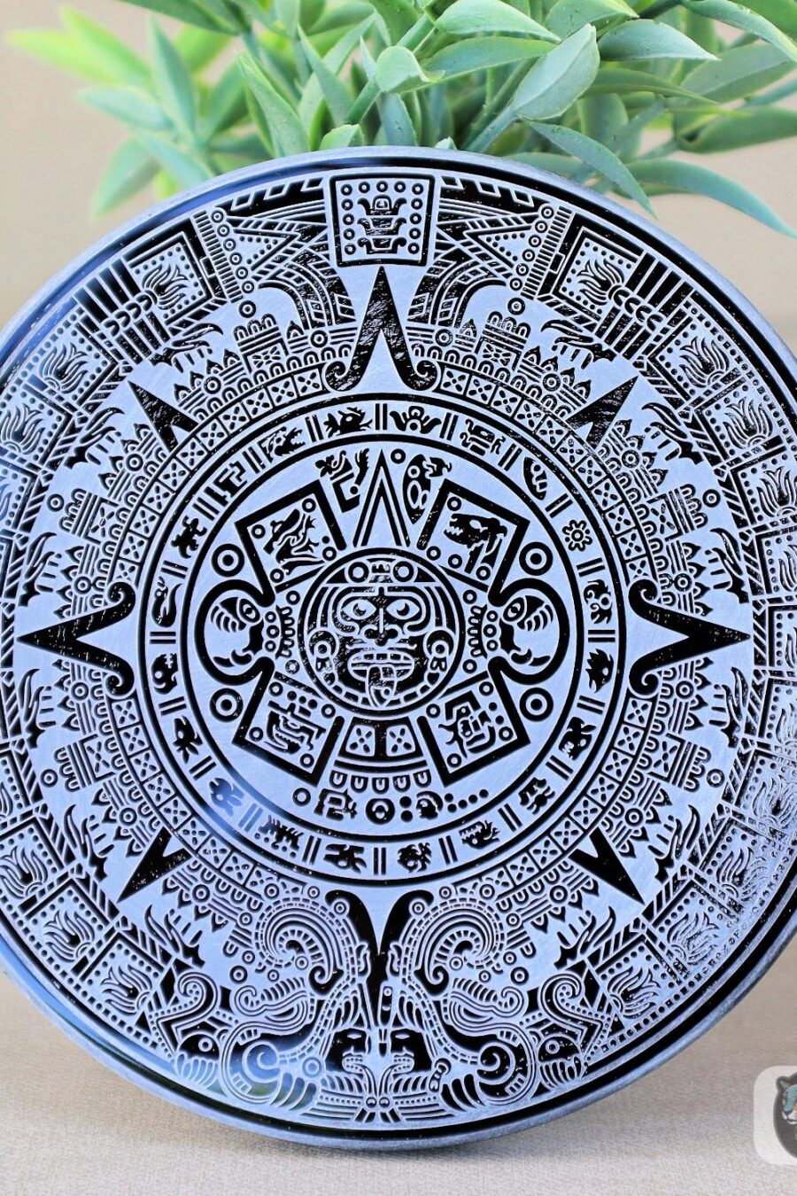 Aztec Black Obsidian Mirror, Mexica symbols, Engraved Ixchel, Hunab Ku, Sun stone or Aztec Calendar, Huitzil, 4.75 inches-Read Description