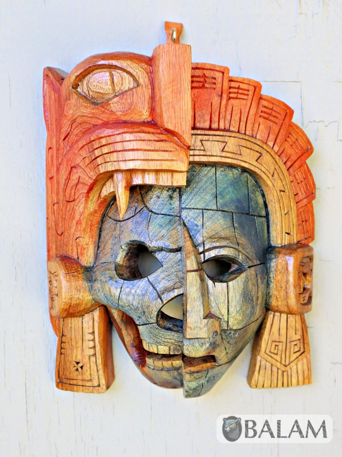 Mayan Warrior Mask, Cedar wooden duality mask, Duality mask, jaguar mask, Jaguar duality warrior mask, Mayan duality mask. - Image 3