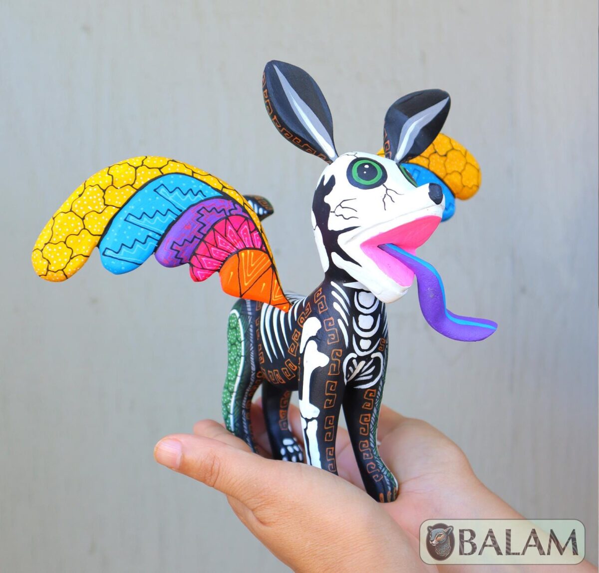 Xoloitzcuintli Alebrije, Dog with wings, Wood copal sculpture, Dog Alebrije, Skeleton and grecas Alebrije, Dia de los muertos.