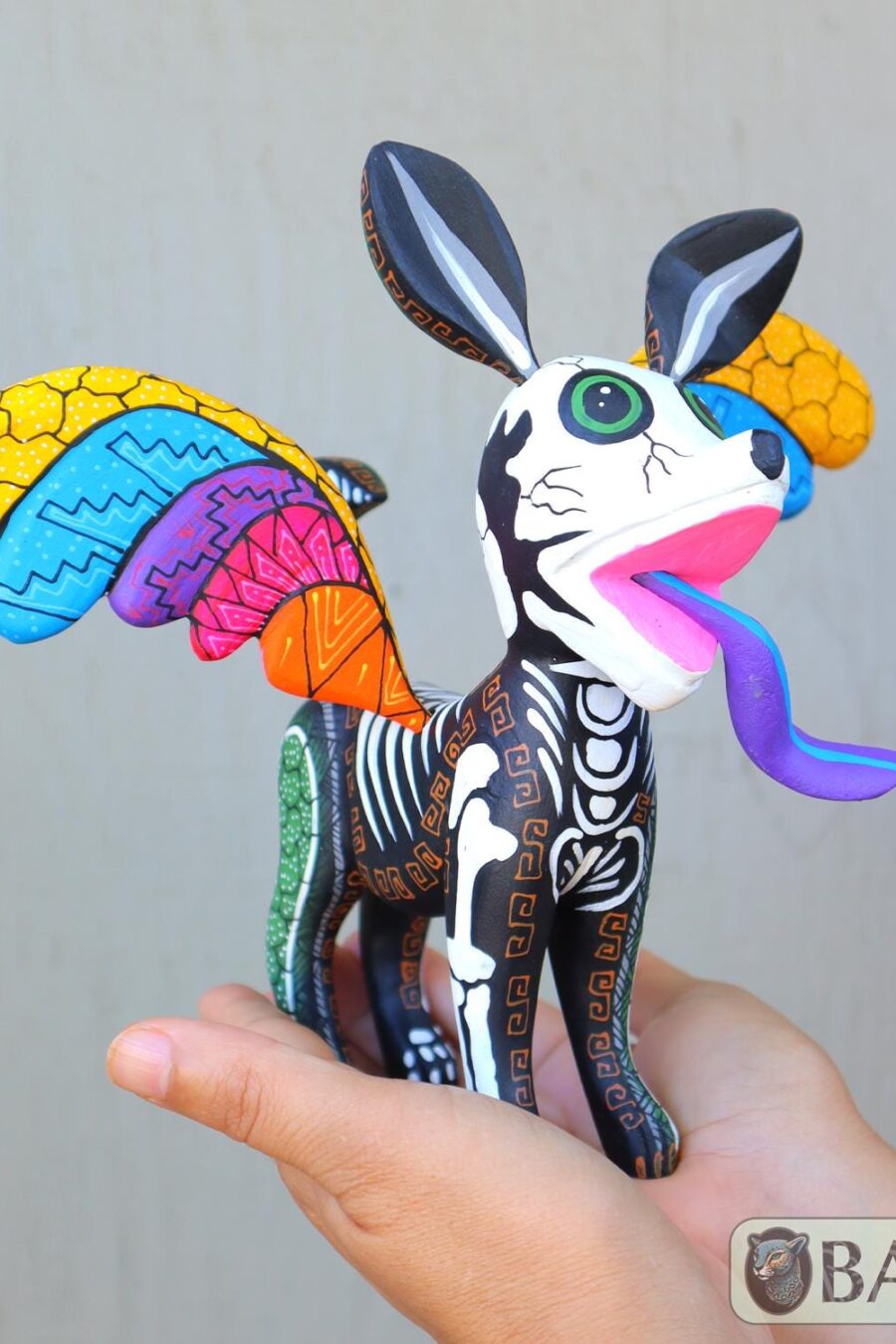 Xoloitzcuintli Alebrije, Dog with wings, Wood copal sculpture, Dog Alebrije, Skeleton and grecas Alebrije, Dia de los muertos.