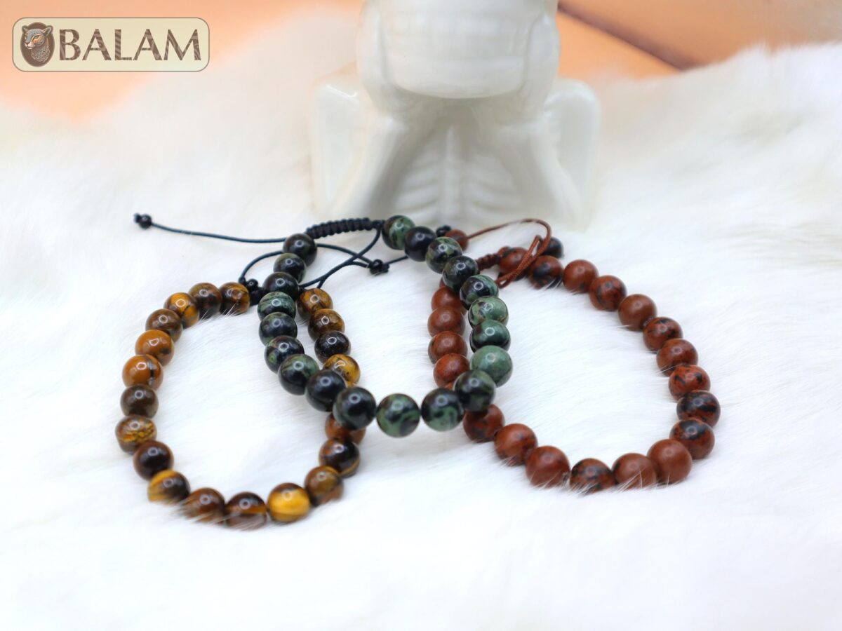 Protective bracelet. Healing bracelet, Green Jasper, Brown Obsidian, Tiger's eye Stone bracelets. 8.5mm diameter. Adjustable 8 to 10''.