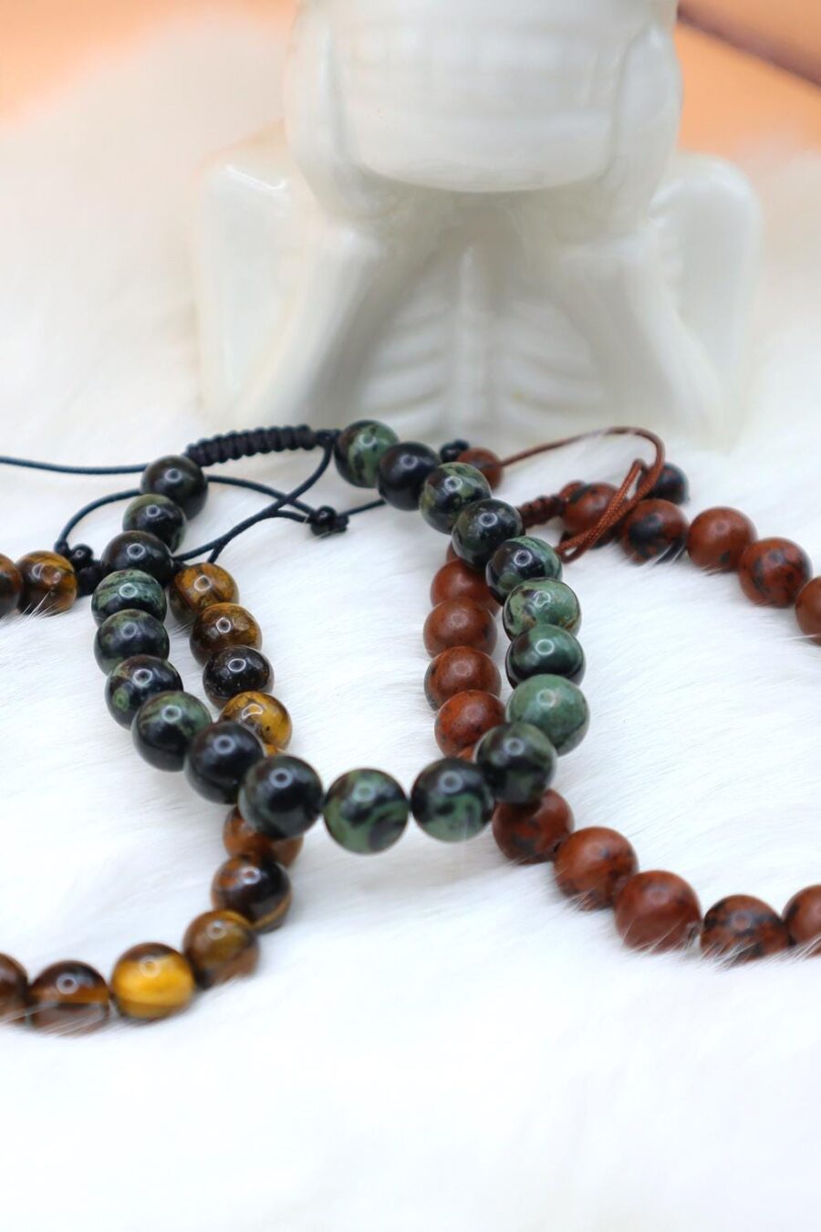 Protective bracelet. Healing bracelet, Green Jasper, Brown Obsidian, Tiger's eye Stone bracelets. 8.5mm diameter. Adjustable 8 to 10''.