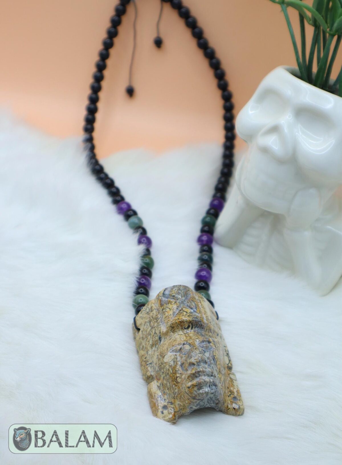 Fossil Mayan Mask Ceremonial Necklace, Aventurine and obsidian bead Necklace, Mayan fossil stone, Protective Necklace, Native Mayan. - Image 4