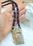 Fossil Mayan Mask Ceremonial Necklace, Aventurine and obsidian bead Necklace, Mayan fossil stone, Protective Necklace, Native Mayan.