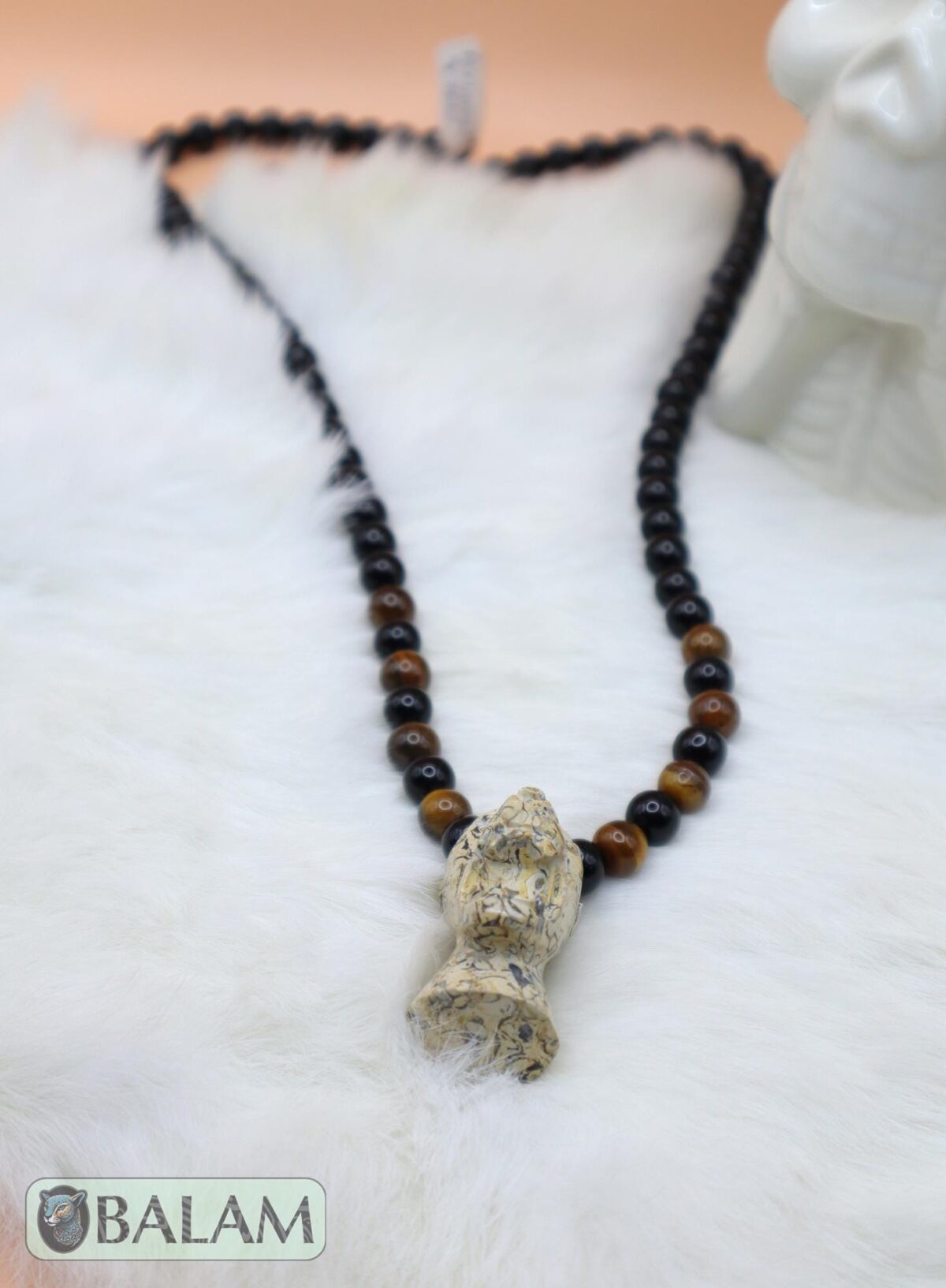 Jaguar necklace, Fossil Mayan Mask Ceremonial Necklace, tigers' eye and obsidian bead Necklace, Mayan fossil stone, Protective Necklace. - Image 5