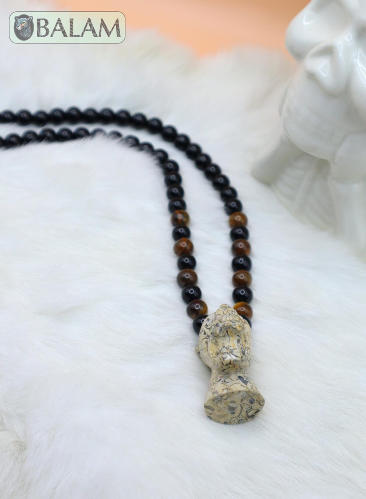 Jaguar necklace, Fossil Mayan Mask Ceremonial Necklace, tigers' eye and obsidian bead Necklace, Mayan fossil stone, Protective Necklace. - Image 7
