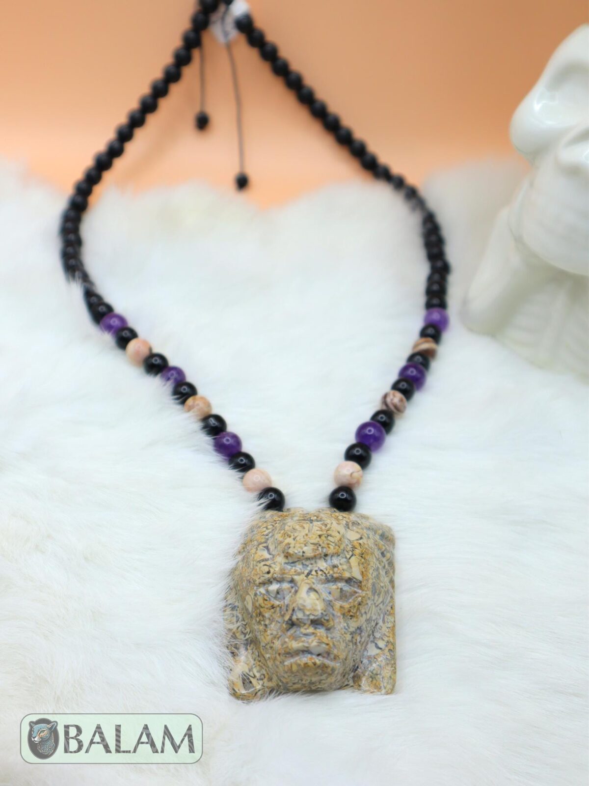 Fossil Mayan Mask Ceremonial Necklace, Aventurine and obsidian bead Necklace, Mayan fossil stone, Protective Necklace, Native Mayan. - Image 2