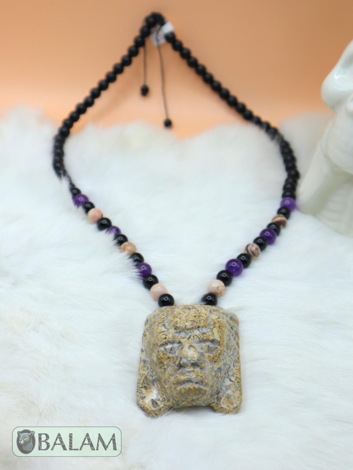 Fossil Mayan Mask Ceremonial Necklace, Aventurine and obsidian bead Necklace, Mayan fossil stone, Protective Necklace, Native Mayan. - Image 3