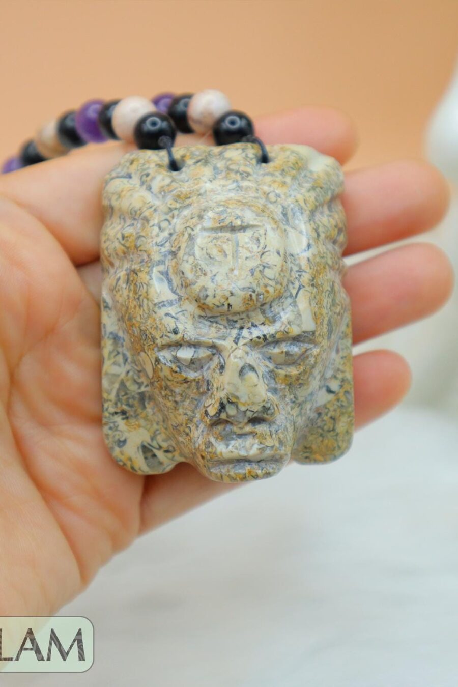 Fossil Mayan Mask Ceremonial Necklace, Aventurine and obsidian bead Necklace, Mayan fossil stone, Protective Necklace, Native Mayan.