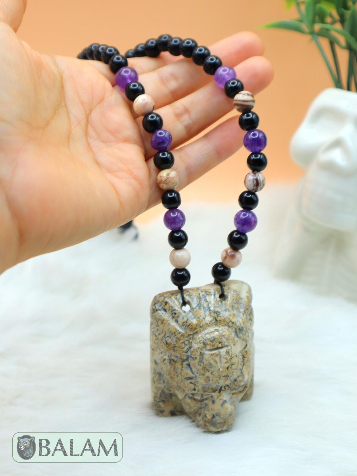 Fossil Mayan Mask Ceremonial Necklace, Aventurine and obsidian bead Necklace, Mayan fossil stone, Protective Necklace, Native Mayan. - Image 5