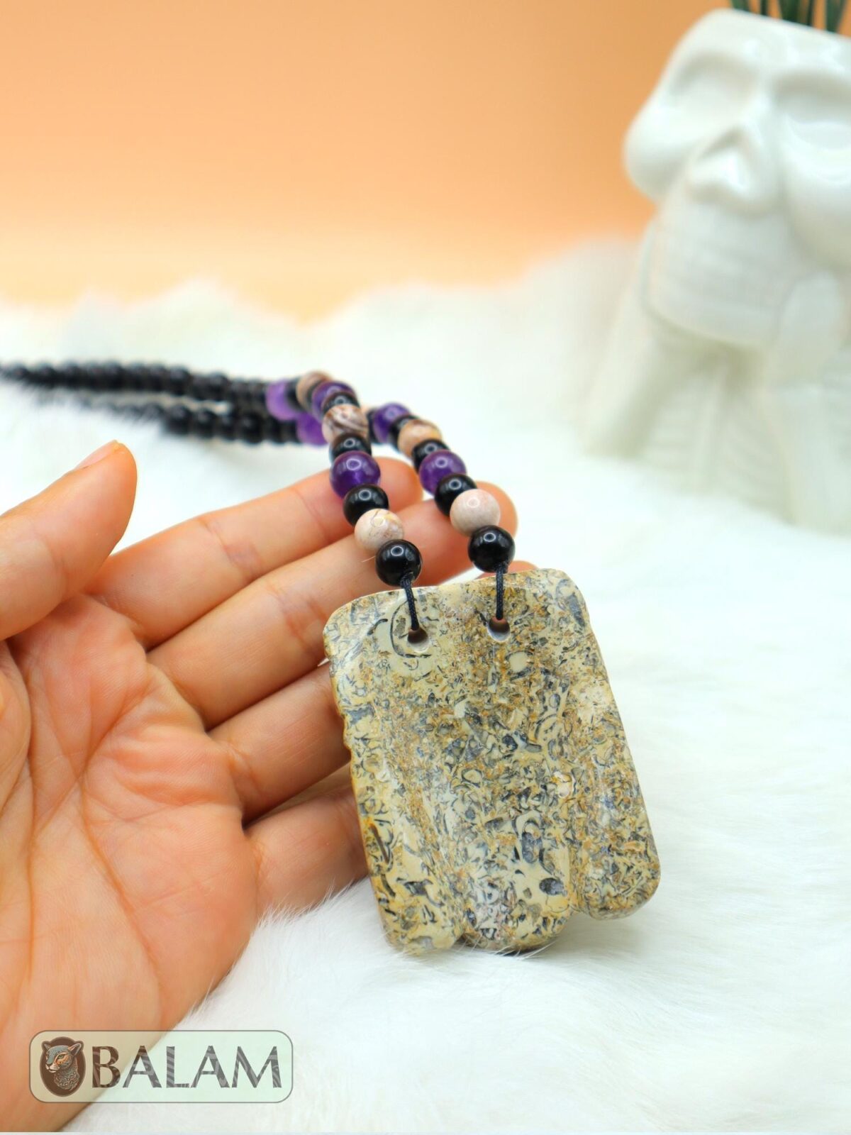 Fossil Mayan Mask Ceremonial Necklace, Aventurine and obsidian bead Necklace, Mayan fossil stone, Protective Necklace, Native Mayan. - Image 6