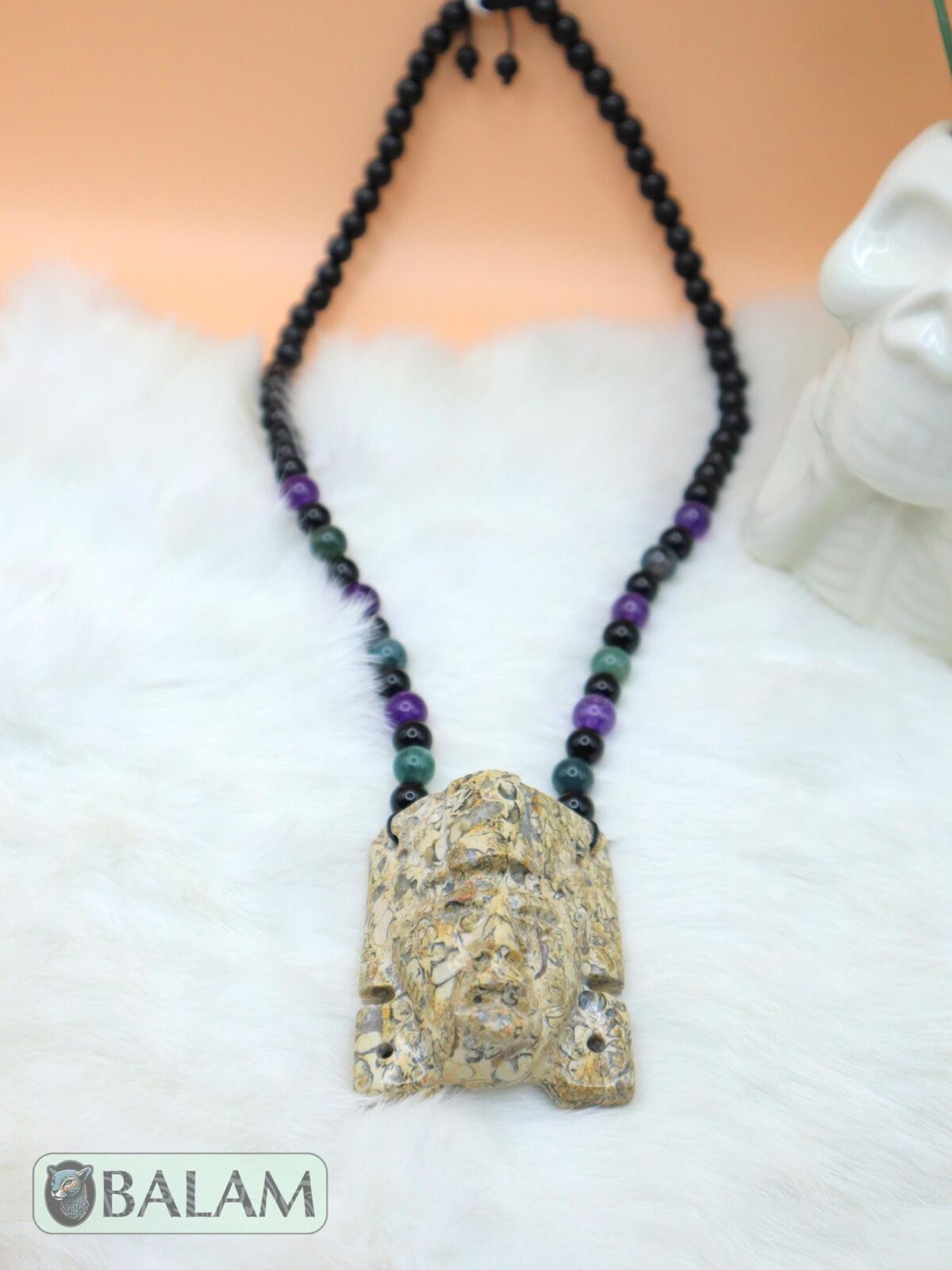 Fossil Mayan Mask Ceremonial Necklace, Aventurine and obsidian bead Necklace, Mayan fossil stone, Protective Necklace, Native Mayan. - Image 3
