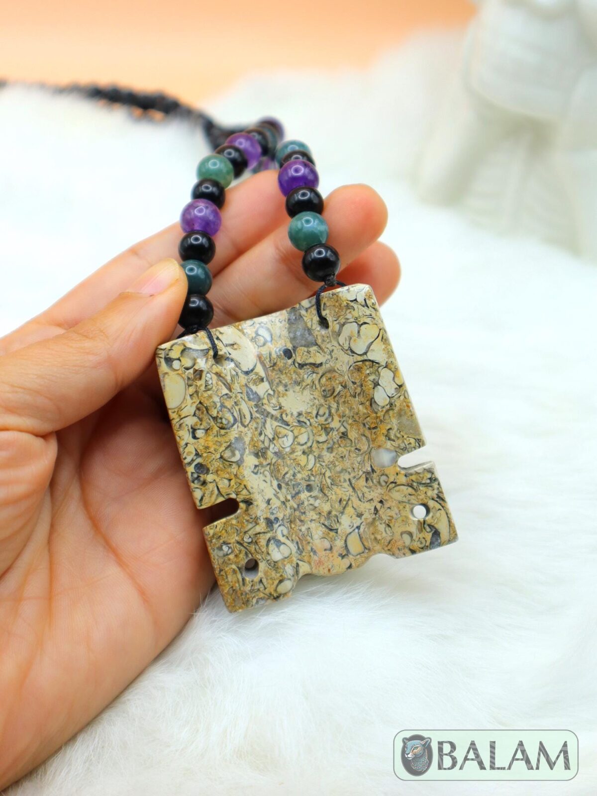 Fossil Mayan Mask Ceremonial Necklace, Aventurine and obsidian bead Necklace, Mayan fossil stone, Protective Necklace, Native Mayan. - Image 7