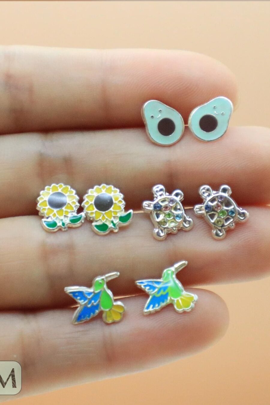 Silver stud earrings,.925 silver earrings, Avocado earrings, Sunflower earrings, Hummingbird earrings, Turtle earrings.