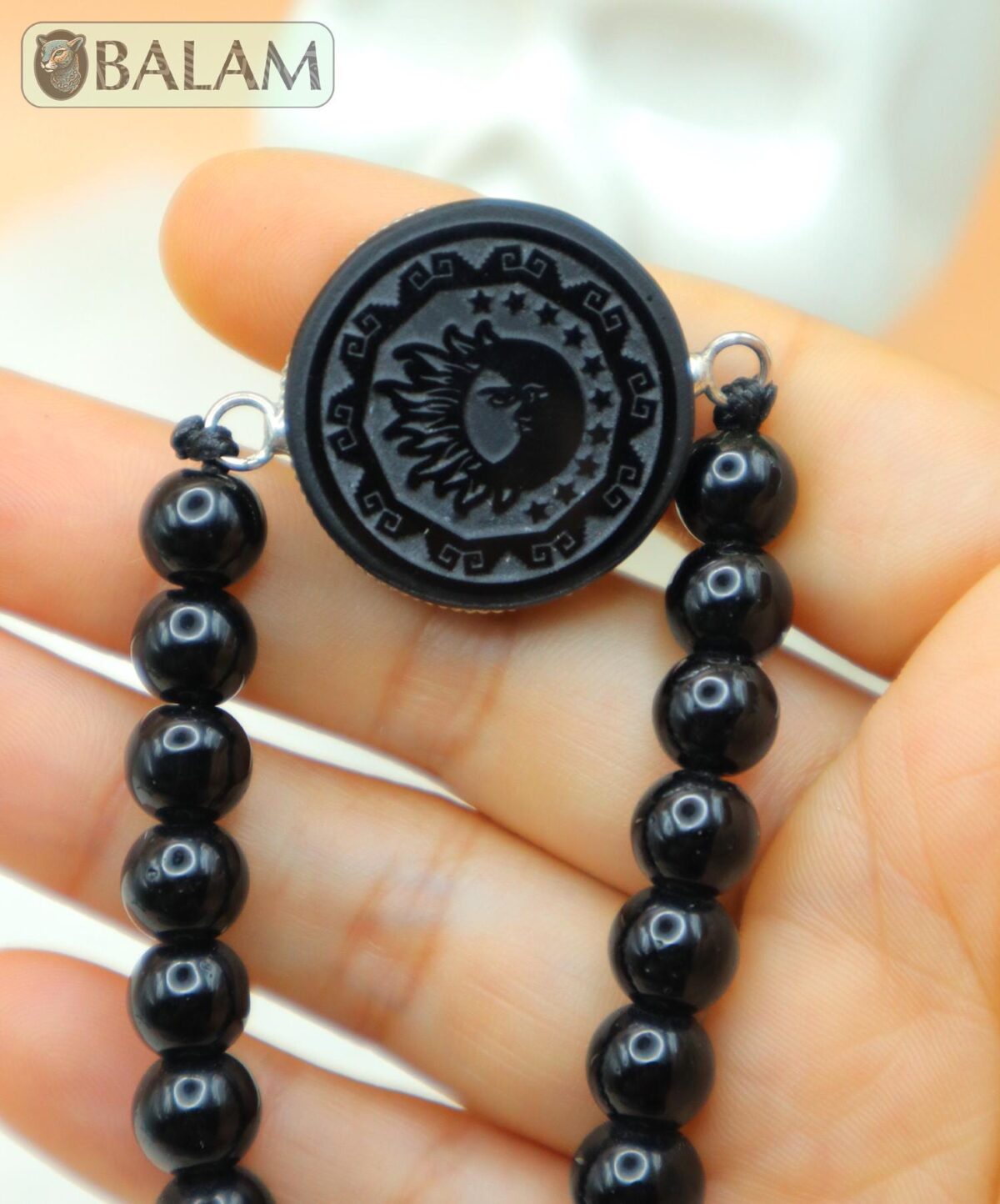 Obsidian bracelet with Mayan symbols, Fossil bracelet, 8.5mm diameter of beads. Adjustable 8 to 10 inches. Healing stones, Protection stones - Image 5