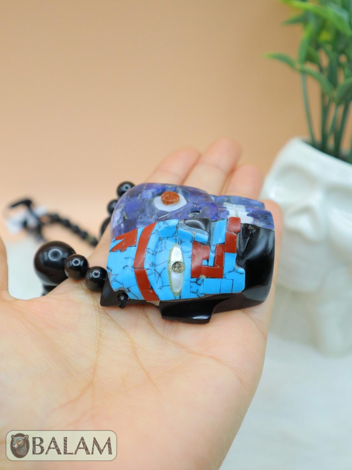 Duality of life and death necklace, Ceremonial Necklace, Obsidian, beads. Teotihuacan mask obsidian with aventurine, turquoise inlays. - Image 7