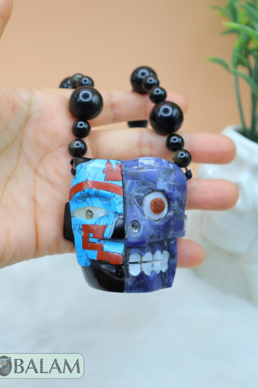 Duality of life and death necklace, Ceremonial Necklace, Obsidian, beads. Teotihuacan mask obsidian with aventurine, turquoise inlays.