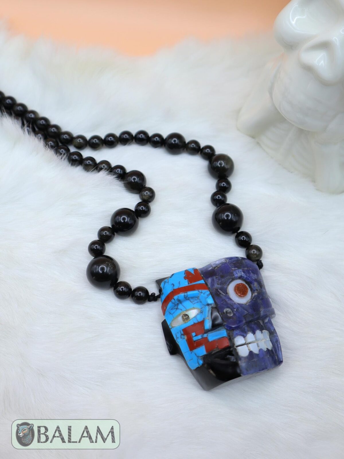 Duality of life and death necklace, Ceremonial Necklace, Obsidian, beads. Teotihuacan mask obsidian with aventurine, turquoise inlays. - Image 6