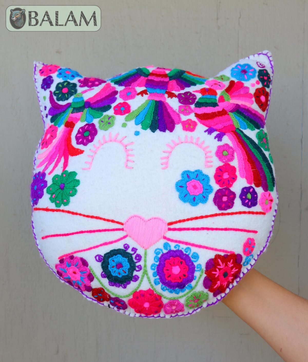 Mexican Cat throw Pillow, Felt Pillow, Mexican Heart throw Pillow, Colorful cushion.