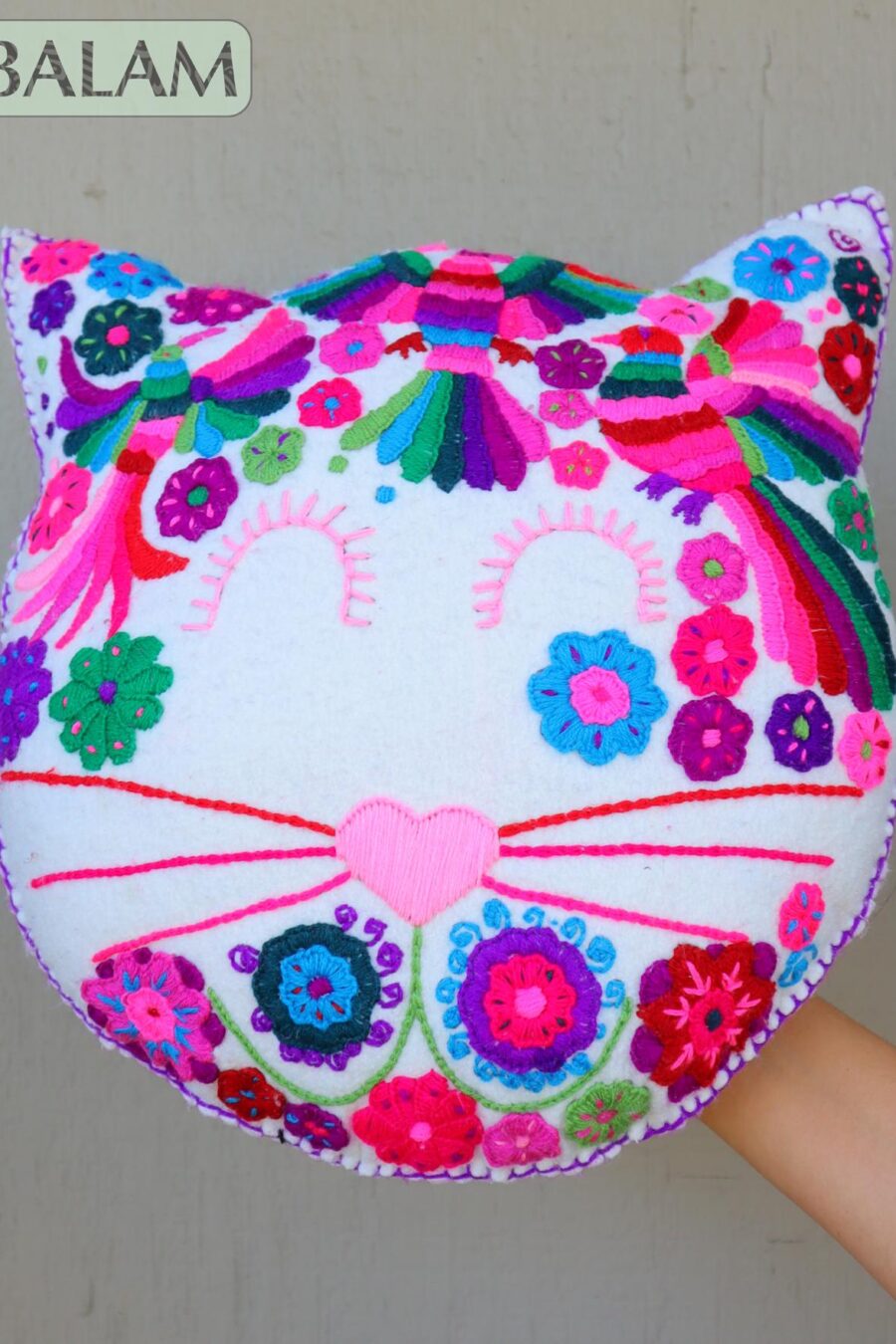 Mexican Cat throw Pillow, Felt Pillow, Mexican Heart throw Pillow, Colorful cushion.