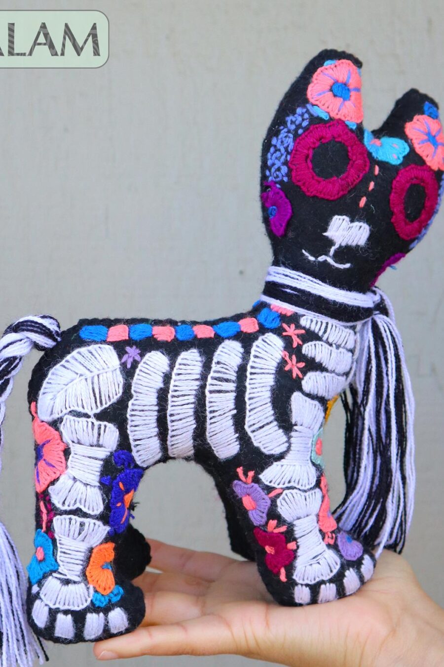 Skeleton cat stuffed animal, Cat stuffed animal, Colorful Mexican handmade plushies, Dia de Muertos Xolo dog. 10 - 11'' tall