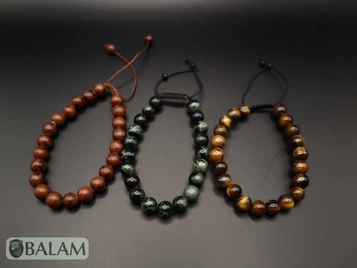 Protective bracelet. Healing bracelet, Green Jasper, Brown Obsidian, Tiger's eye Stone bracelets. 8.5mm diameter. Adjustable 8 to 10''. - Image 6