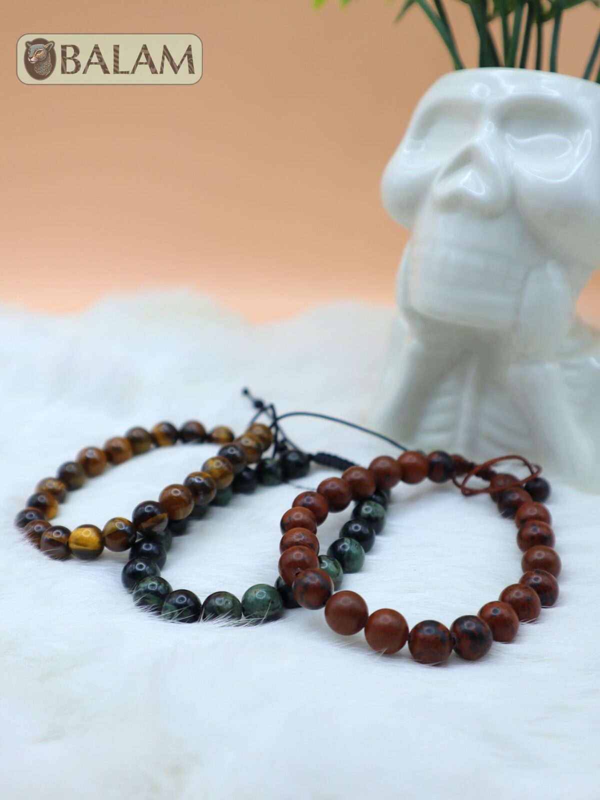 Protective bracelet. Healing bracelet, Green Jasper, Brown Obsidian, Tiger's eye Stone bracelets. 8.5mm diameter. Adjustable 8 to 10''. - Image 3