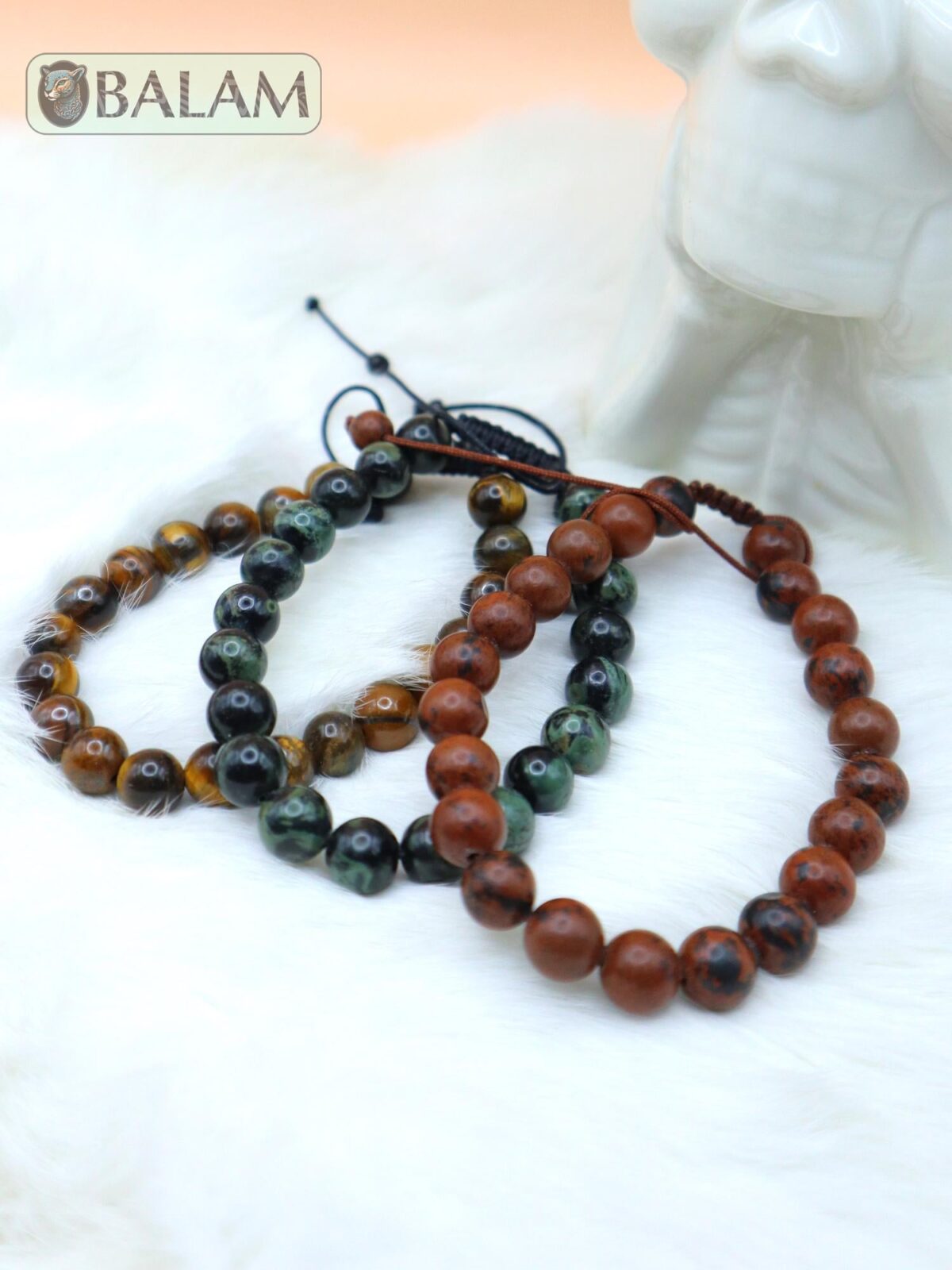 Protective bracelet. Healing bracelet, Green Jasper, Brown Obsidian, Tiger's eye Stone bracelets. 8.5mm diameter. Adjustable 8 to 10''. - Image 2