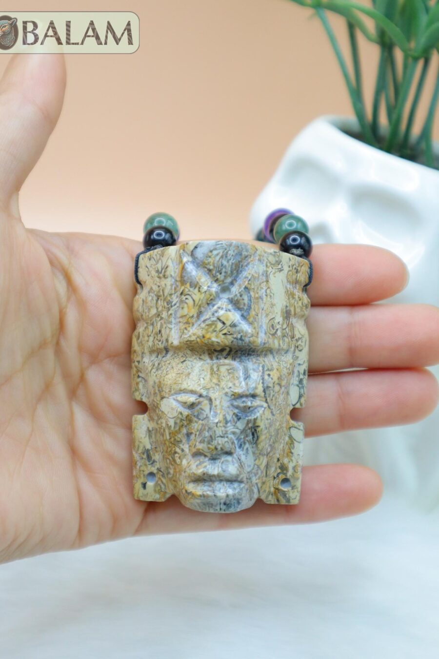 Fossil Mayan Mask Ceremonial Necklace, Aventurine and obsidian bead Necklace, Mayan fossil stone, Protective Necklace, Native Mayan.