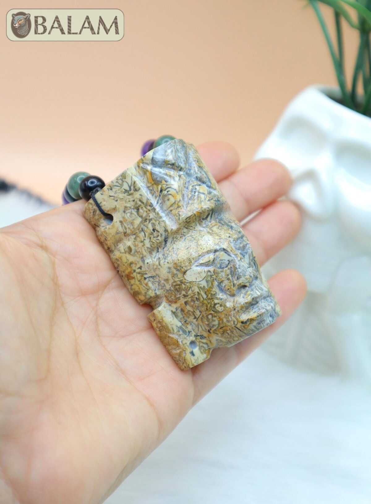 Fossil Mayan Mask Ceremonial Necklace, Aventurine and obsidian bead Necklace, Mayan fossil stone, Protective Necklace, Native Mayan. - Image 2