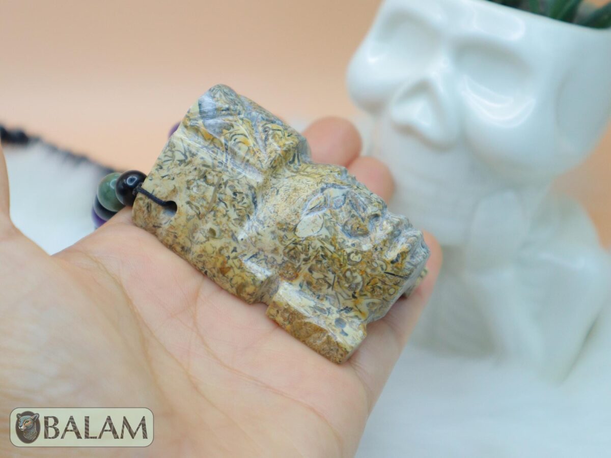 Fossil Mayan Mask Ceremonial Necklace, Aventurine and obsidian bead Necklace, Mayan fossil stone, Protective Necklace, Native Mayan. - Image 3