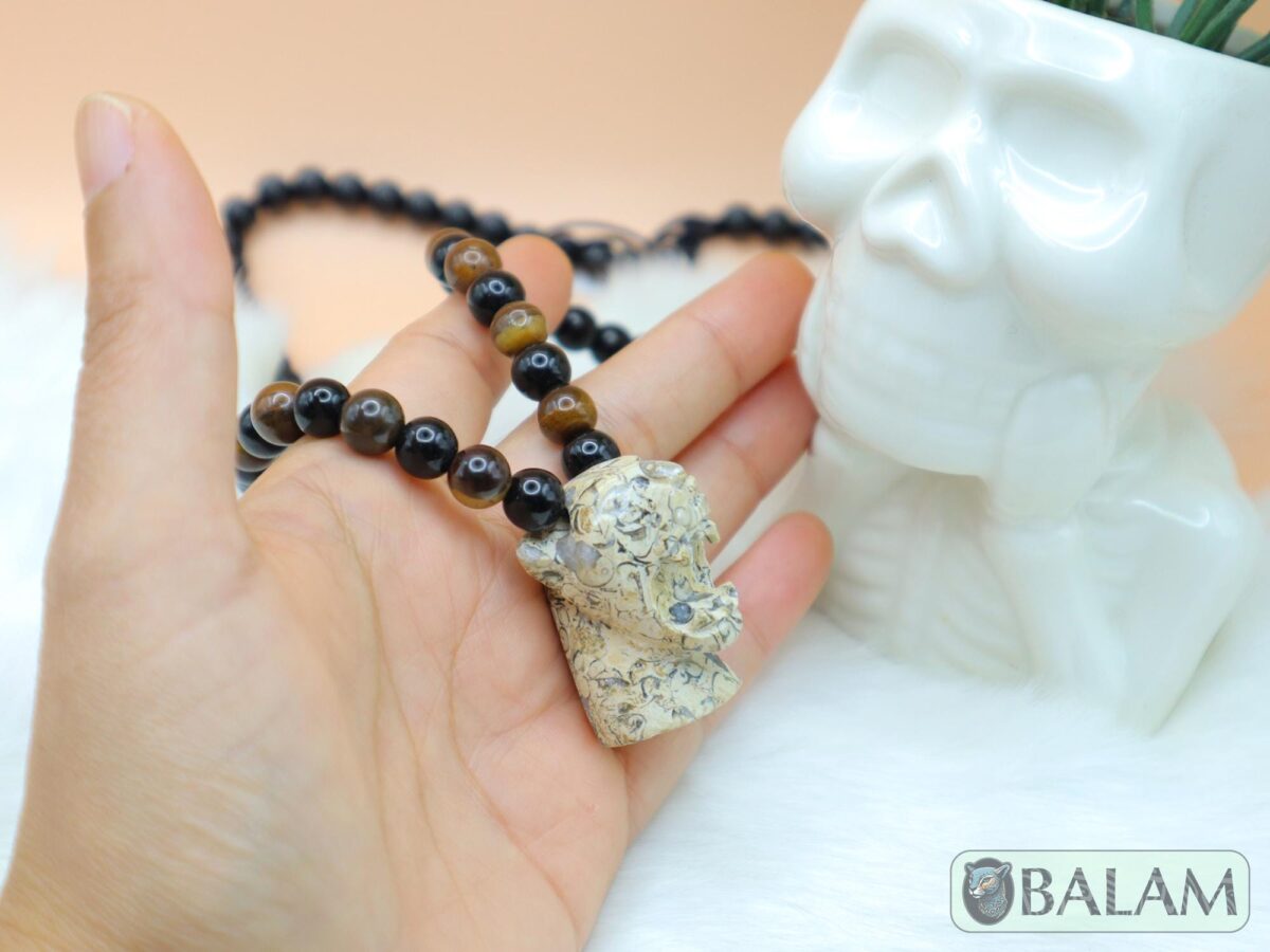 Jaguar necklace, Fossil Mayan Mask Ceremonial Necklace, tigers' eye and obsidian bead Necklace, Mayan fossil stone, Protective Necklace. - Image 2