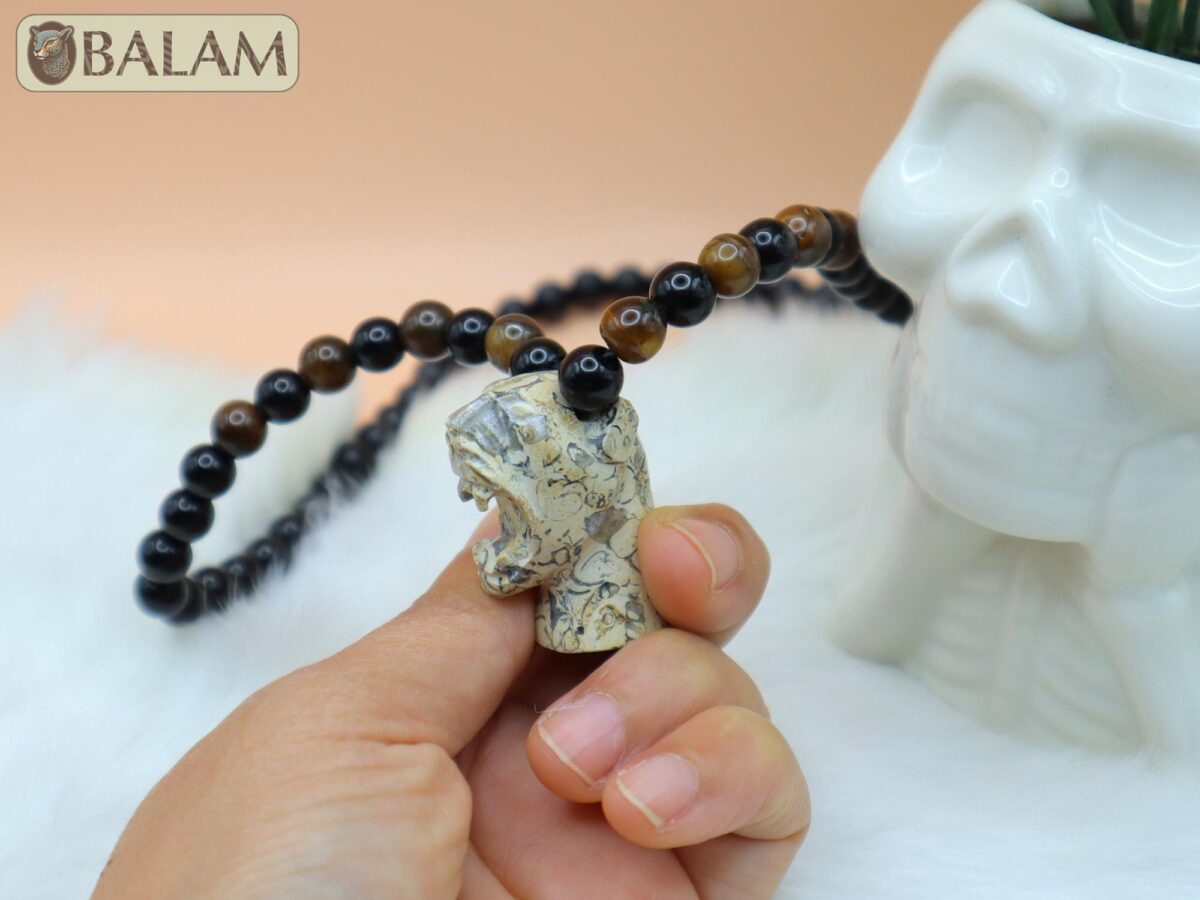 Jaguar necklace, Fossil Mayan Mask Ceremonial Necklace, tigers' eye and obsidian bead Necklace, Mayan fossil stone, Protective Necklace. - Image 4