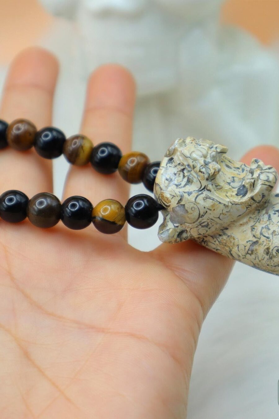 Jaguar necklace, Fossil Mayan Mask Ceremonial Necklace, tigers' eye and obsidian bead Necklace, Mayan fossil stone, Protective Necklace.