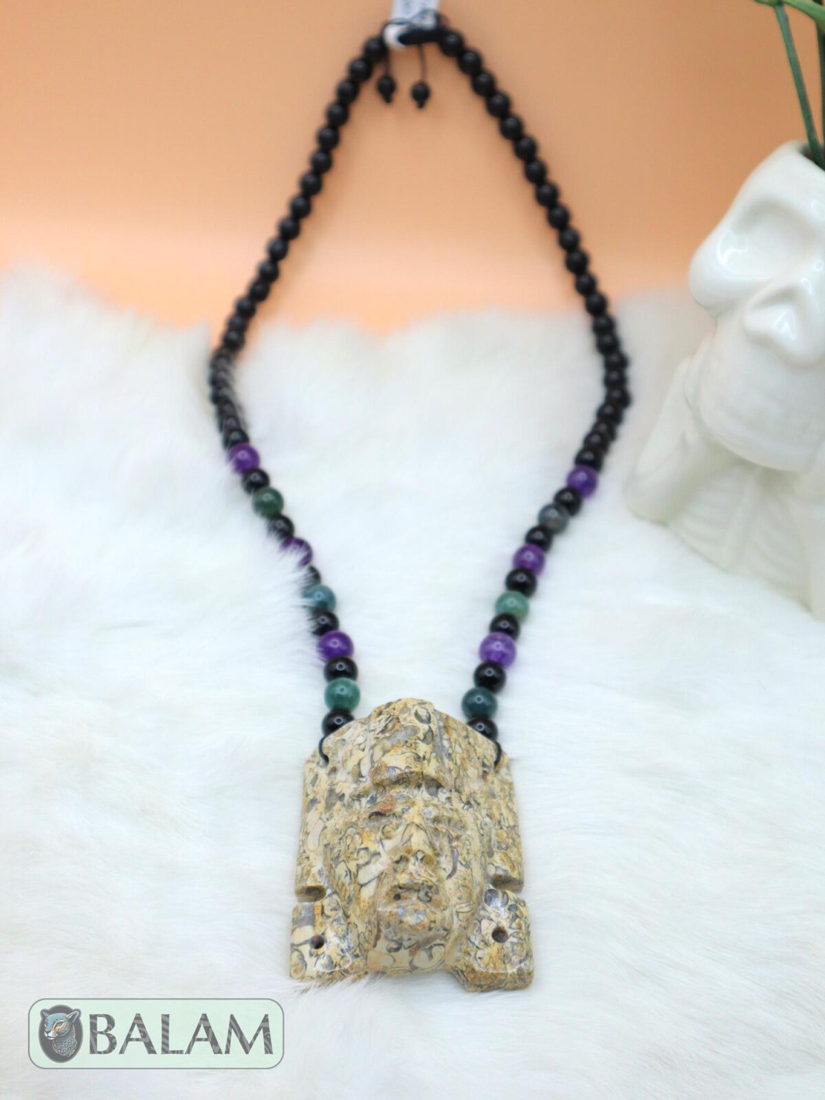 Fossil Mayan Mask Ceremonial Necklace, Aventurine and obsidian bead Necklace, Mayan fossil stone, Protective Necklace, Native Mayan. - Image 4