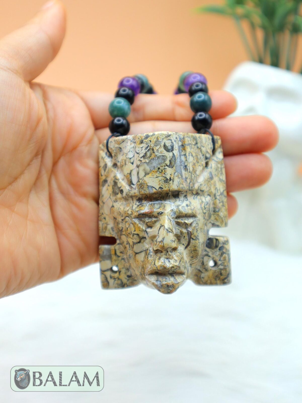 Fossil Mayan Mask Ceremonial Necklace, Aventurine and obsidian bead Necklace, Mayan fossil stone, Protective Necklace, Native Mayan.