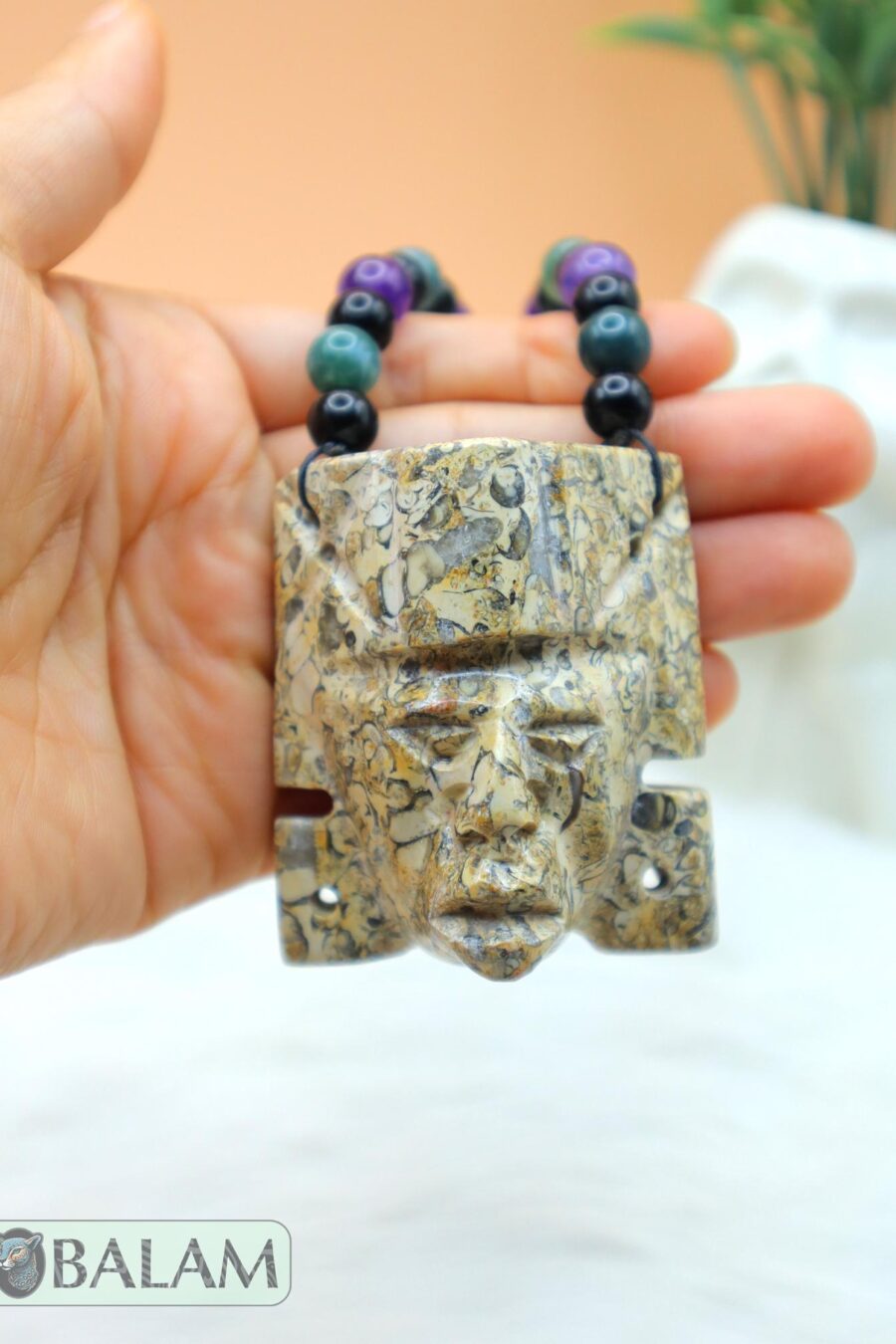 Fossil Mayan Mask Ceremonial Necklace, Aventurine and obsidian bead Necklace, Mayan fossil stone, Protective Necklace, Native Mayan.