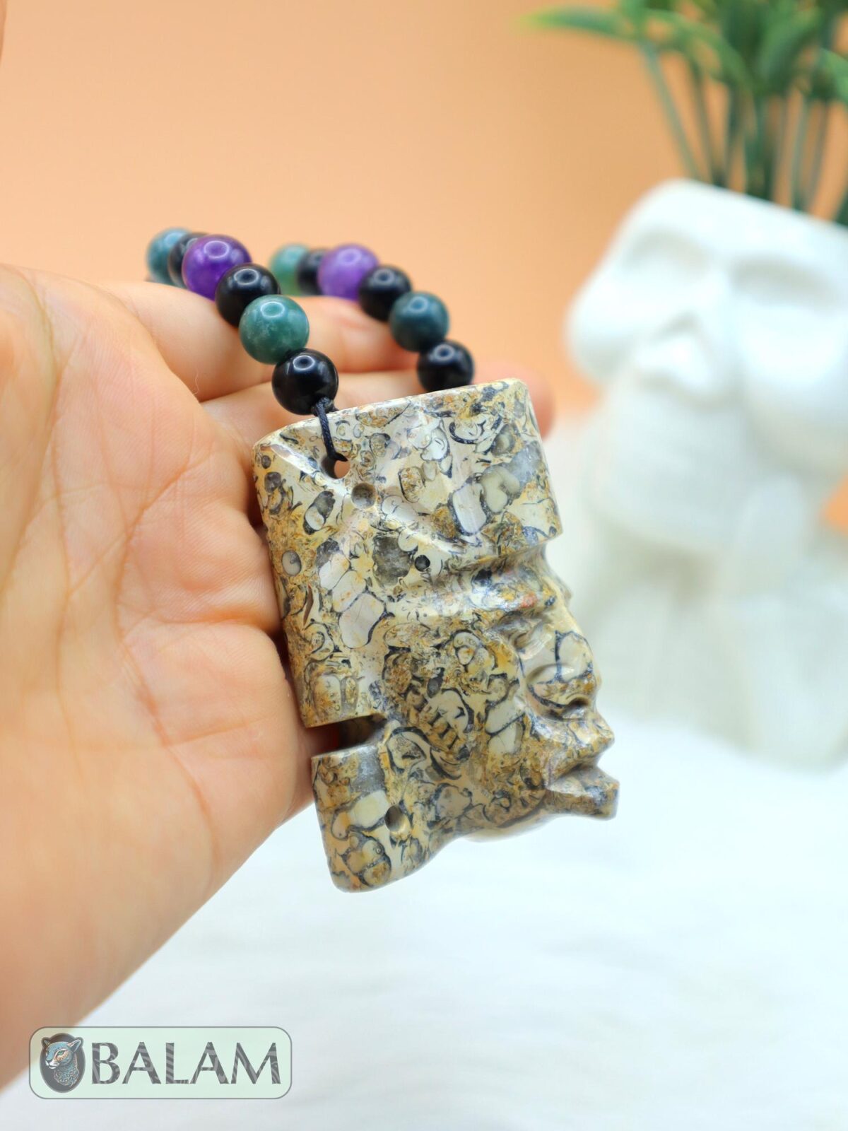Fossil Mayan Mask Ceremonial Necklace, Aventurine and obsidian bead Necklace, Mayan fossil stone, Protective Necklace, Native Mayan. - Image 2