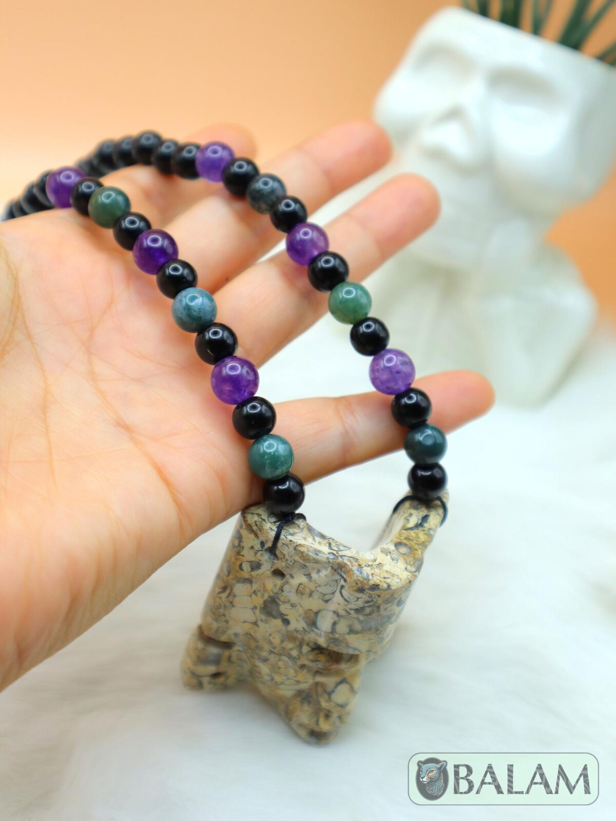 Fossil Mayan Mask Ceremonial Necklace, Aventurine and obsidian bead Necklace, Mayan fossil stone, Protective Necklace, Native Mayan. - Image 5