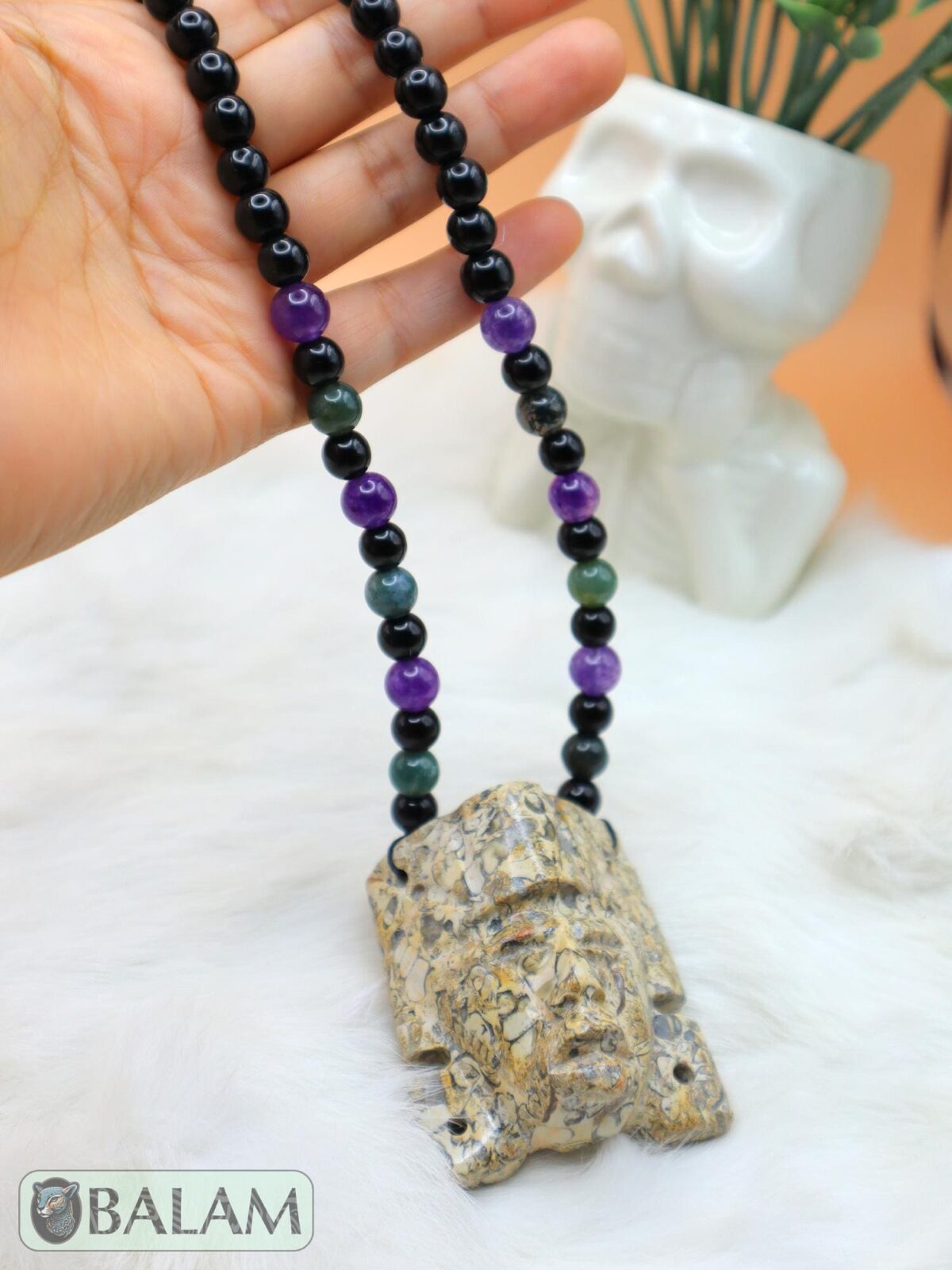 Fossil Mayan Mask Ceremonial Necklace, Aventurine and obsidian bead Necklace, Mayan fossil stone, Protective Necklace, Native Mayan. - Image 6
