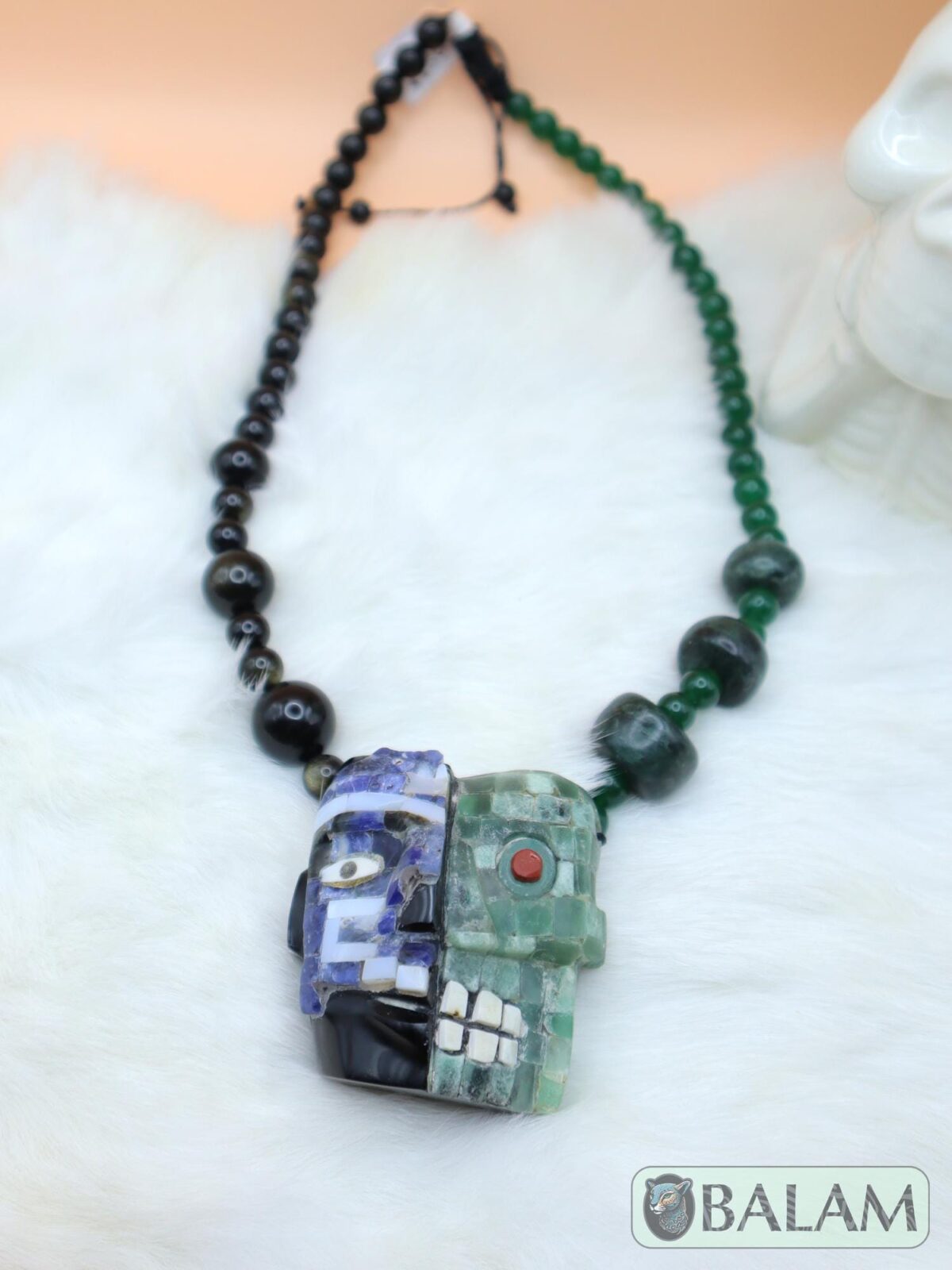 Duality of life and death necklace, Ceremonial Necklace, Jade, Obsidian, aventurine beads. Teotihuacan mask obsidian with aventurine inlays. - Image 3